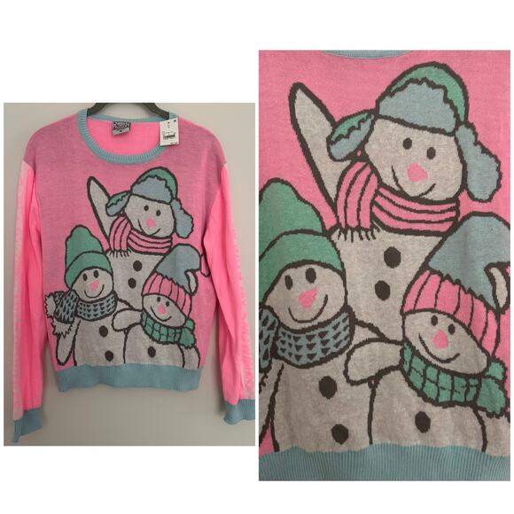 Well Worn Holiday Christmas Sweater, 'Chillin With My Snowmies' in Pink - Picture 1 of 7